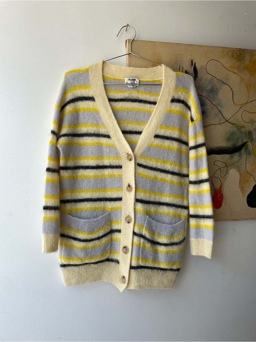 Acne Studios Keda Cardigan Yellow Alpaca Striped V-Neck Cardigan Sweater XXS